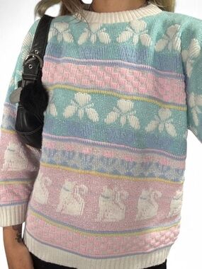 Pastel Floral & Cat Crewneck Sweater in Mint, Pink & Cream